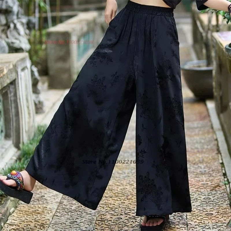 

2025 chinese vintage satin jacquard bloomers trousers women national elastic waist harem pants ethnic casual loose wid leg pants