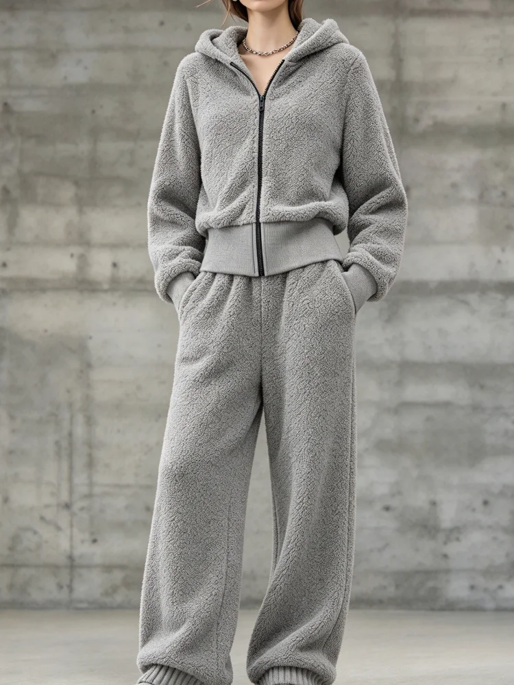 Women Two Piece Set Fuzzy Hooded Zip Up Jacket Loose Pants Suit Casual Warm Sporty Sweatsuit Loungewear Streetwear view 6