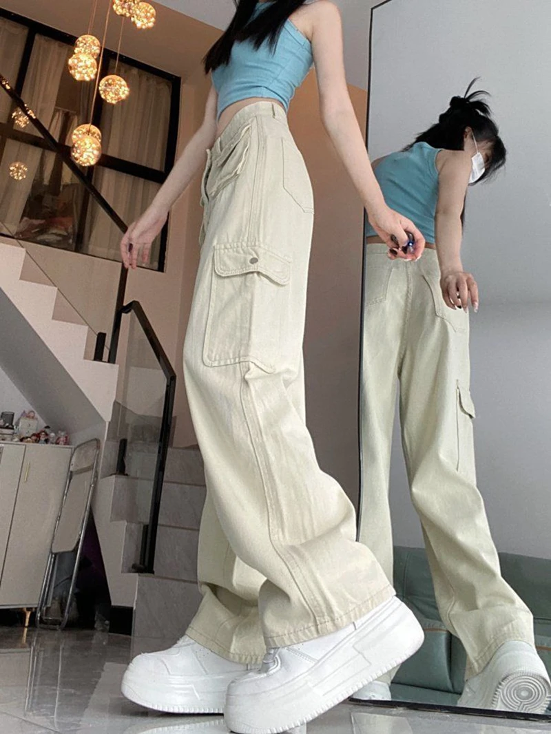 Dames witte zak cargo baggy jeans Y2K Japanse harajuku mode hoge taille jaren 2000 losse wijde pijpen retro broek jeans kleding