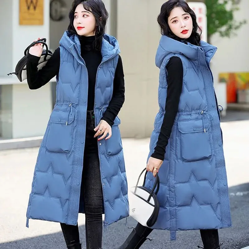 New Autumn Winter Women\'s Hooded Down Cotton Waistcoat loose Long Warm Cotton Vest Coat Female Sleeveless Padded Vests Overcoat