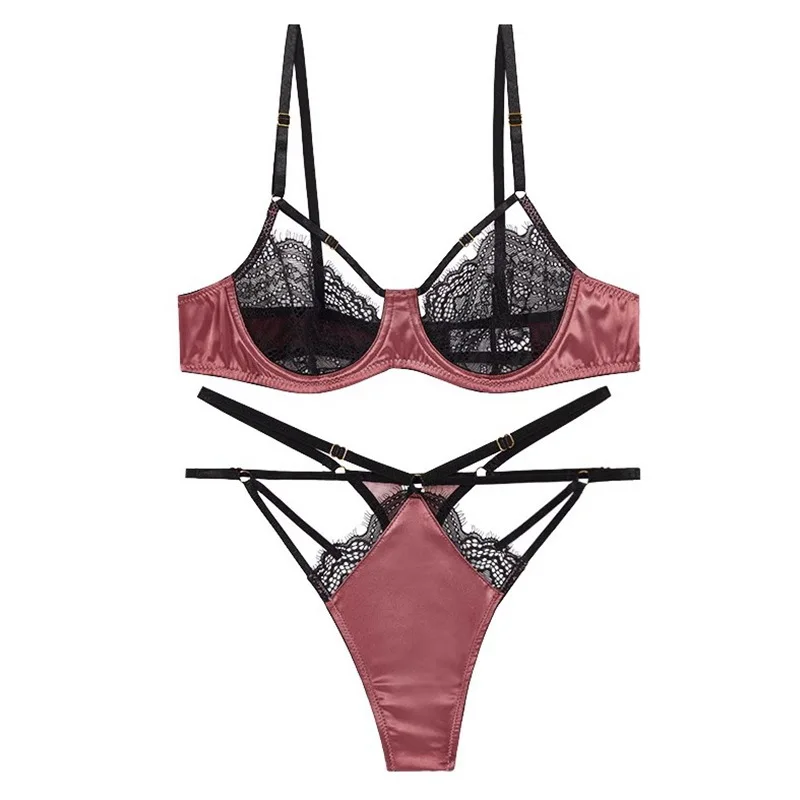 

Ultra-Thin Sponge Transparent Bra Large Bust Appears Small Lace Satin Women's Sexy Underwear Bra Set Breathable Polyester Fabric