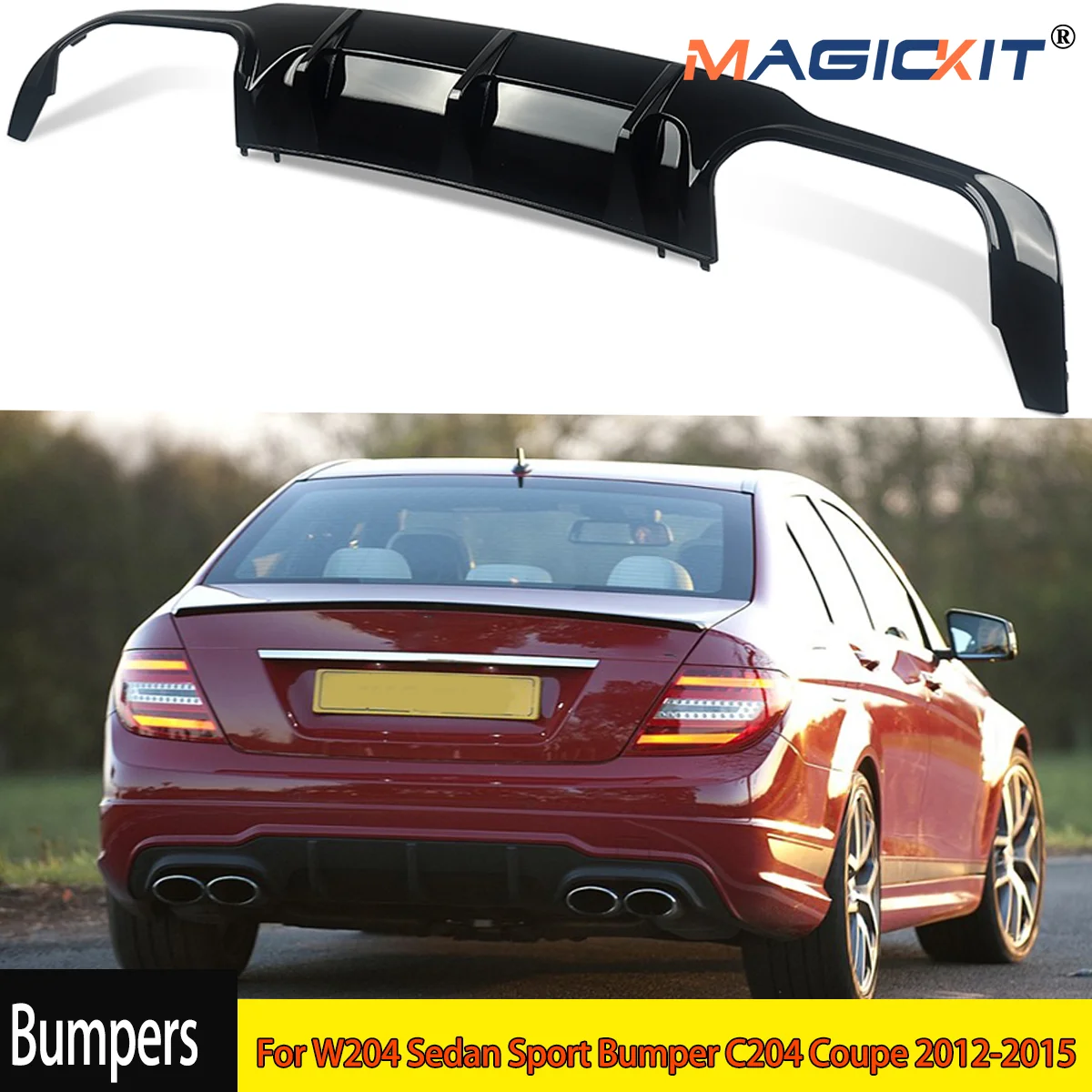 MagicKit  Amg Rear Bumper Diffuser Lip FOR MERCEDES BENZ C CLASS W204 C204 2011-2015 FRP  LCI Gloss Black