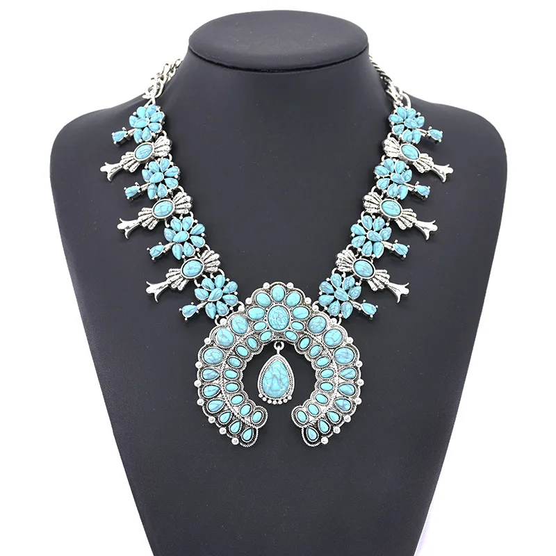 

Western Jewelry Wholesale American Style Accessories Squash Blossom Blue Turquoise Big Chunky Bold Statement Necklace for Women