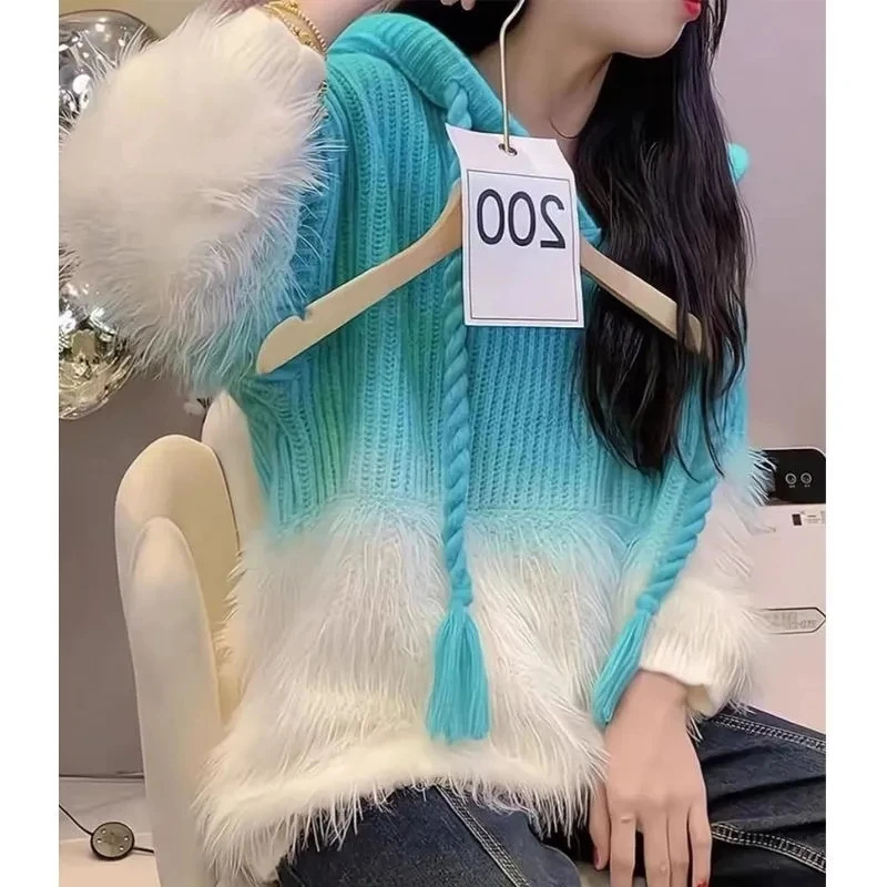 Autumn Winter 2023 Tassel Pullover Long-Sleeved Sweater Women Outside Wear Korean Gradient Hooded sStitching Loose Knitwear Top