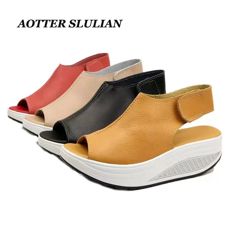 Plus Size Summer 2022 Women Sandals Platform Wedges Sandals Leather Swing Peep Toe Casual Shoes Roman Women Walking Shoes Flats