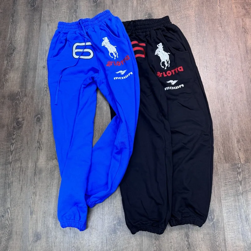 أسود أزرق Mowalola التطريز الحرب الحصان فارس أرقام 6 شعار Sweatpants الرجال النساء كاني ويست السراويل تيري عادية فضفاض بنطلون