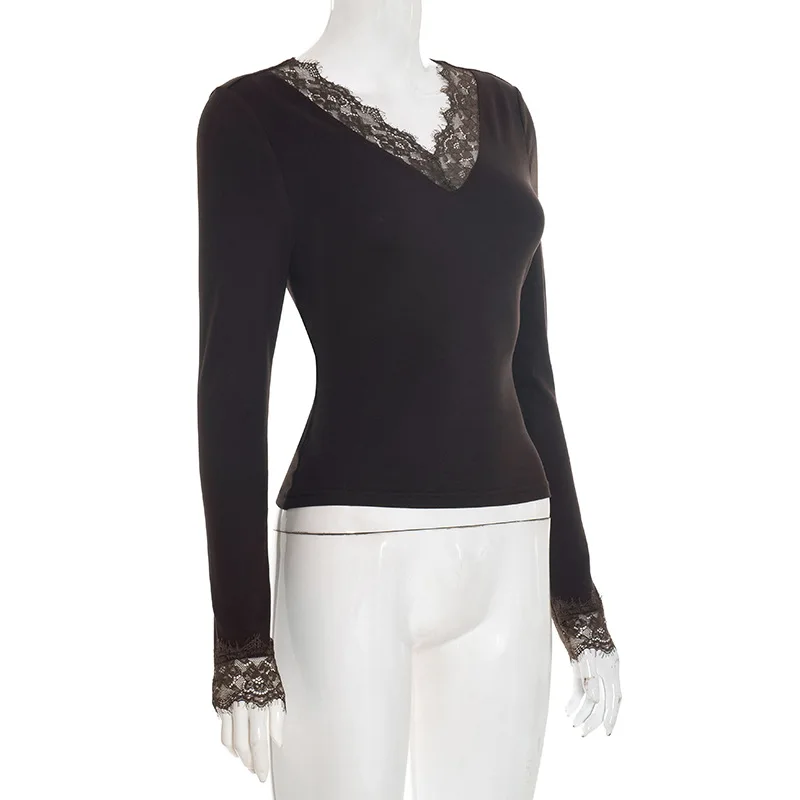 Wimpernspitzen-V-Ausschnitt Langarm-Shirts für Damen, Weiche Dehnbare Mesh Slim-Fit Basis-Oberteile, Herbst Tägliche Büro-Layering-Bluse – Detail 11