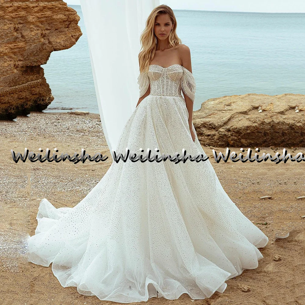 Weilinsha Chic Glitter Wedding Dress Sweetheart Off Shoulder Straps Beach  Gowns Sweep Train 2022 Robes de mariee