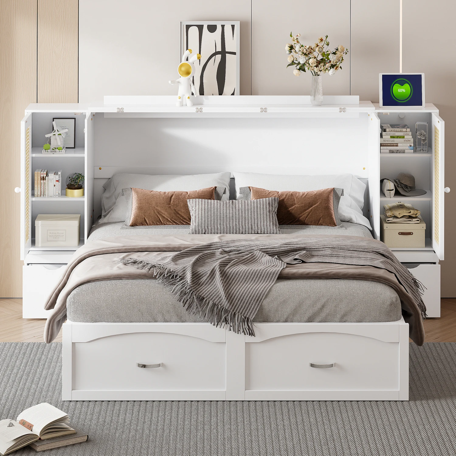 Queen Size Murphy Bed Wall Bed with Drawer, Rattan Decoration, 2 Storage Cabinets, Sockets & USB Ports, Pulley Design - White