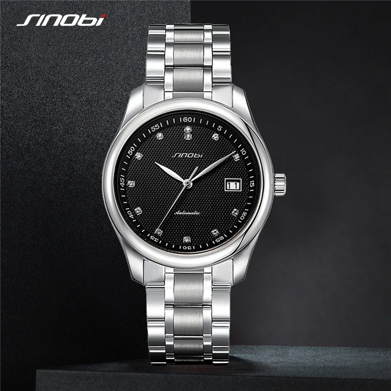 SINOBI Design Brand Luxury Men Watches Automatic Black Watch Men Stainless Steel Waterproof Business Sport Mechanical Wristwatch