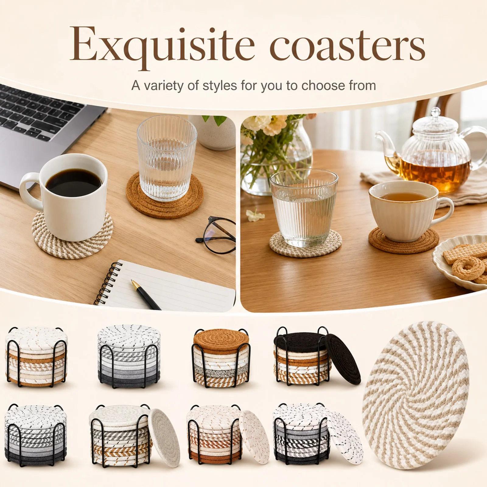 Mixed-Color Coaster Mats with Stand Cotton Rope Placemats Round Jute-Woven Heat-Resistant Coasters Kitchenware