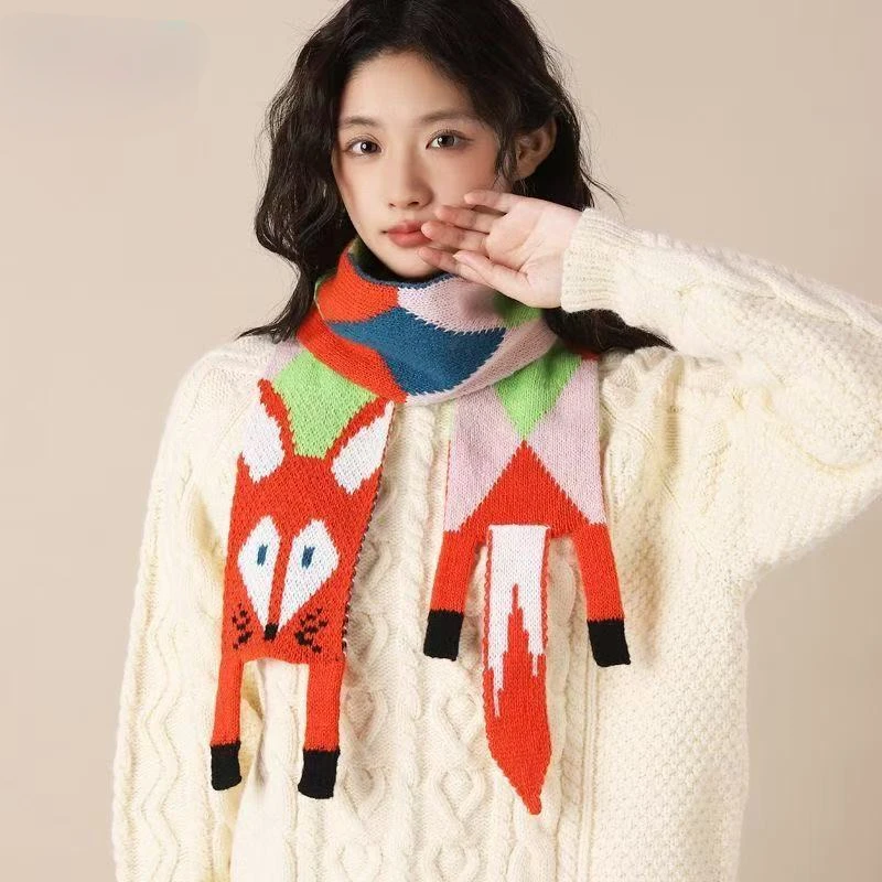 New Autumn Winter Children's Cartoon Fox Knitted Scarf Baby Boys Girls Warm Women Shawl Kids Female Knitted Animal Women Scarf