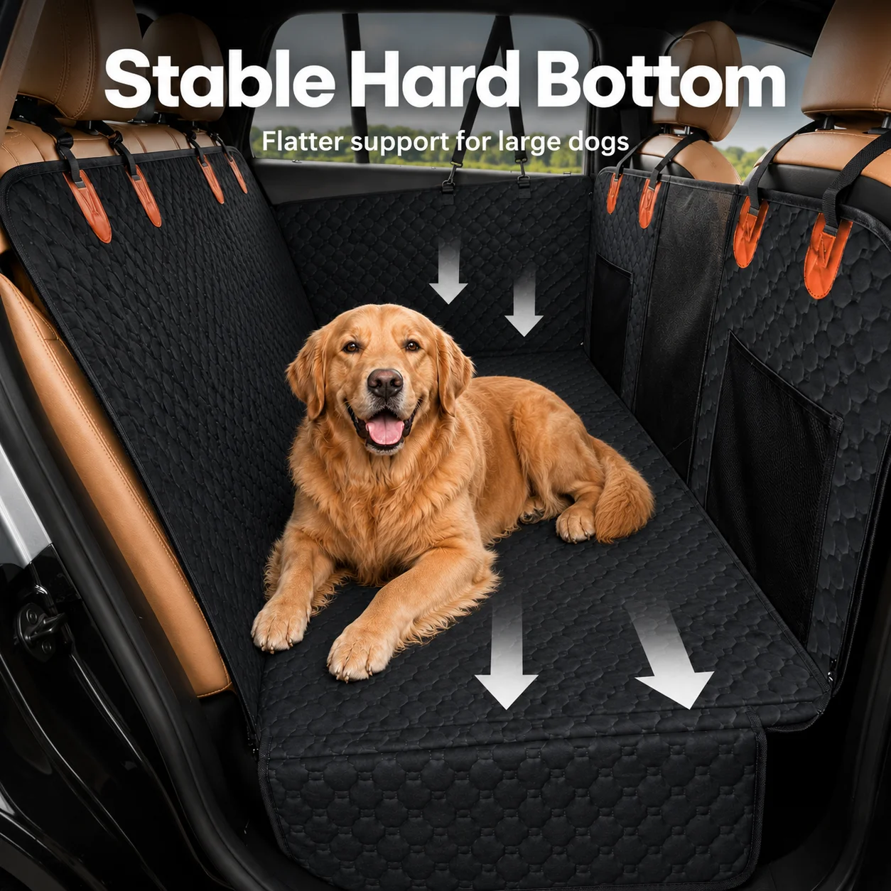Hard Bottom Dog Car Seat Cover for Large Dogs, Waterproof Nonslip Back Seat Extender Hammock with Side Flaps for Cars SUVs
