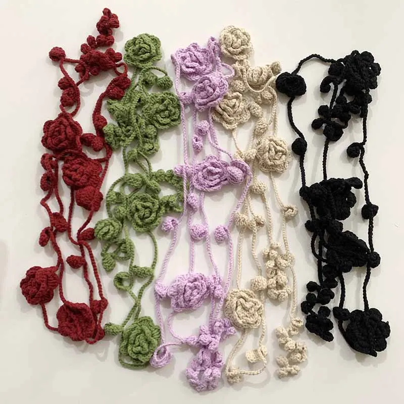 

Black Rose Stylish Niche Handmade Knitted Flower Narrow Long Scarf Silk Scarf Spice Girl Necklace Decorative Ribbon