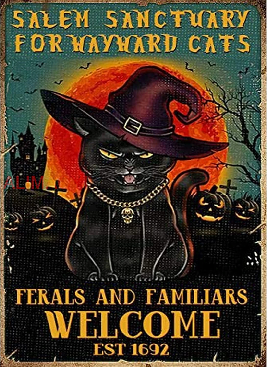 Funny Black Coffee Cats Metal Tin Sign-Salem Sanctuary for Hayhard Cats -Retro Black Cat Tin Sign Plaque Pumpkin Halloween  nice