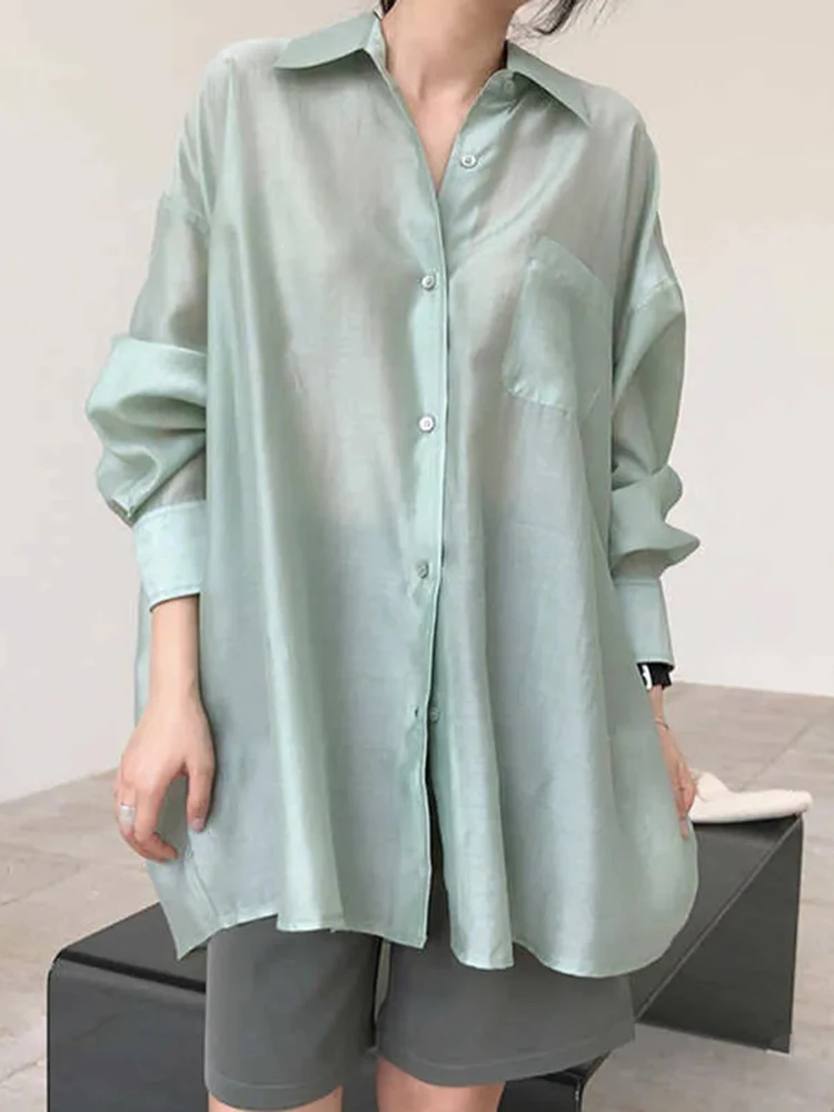 TWOTWINSTYLE Solid Casual Shirts For Women Lapel Collar Long Sleeve Spliced Buttons Minimalist Loose Blouse Female Fashion New