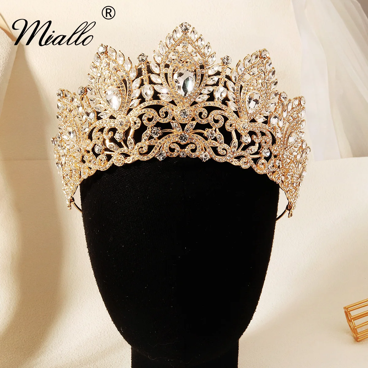 Miallo الذهبي الفاخر الباروك كريستال الزفاف تاج الغلاف الجوي حفلة الراين تيارا Hiar الفرقة الزفاف إكسسوارات الشعر