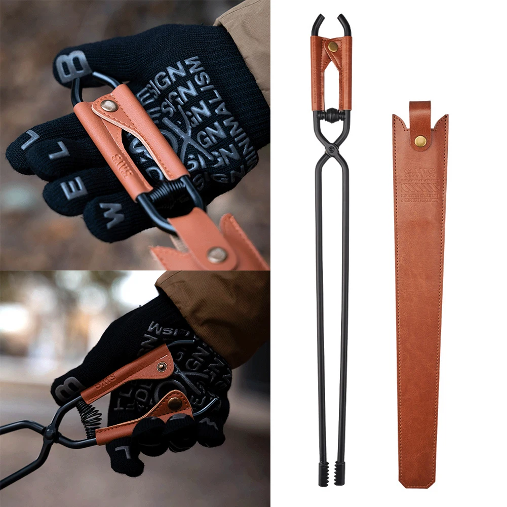

BBQ Charcoal Clips with Leather Cover Bonfire Firewood Clip Carbon Steel Long Handle Fire Poker Outdoor Camping BBQ Tools