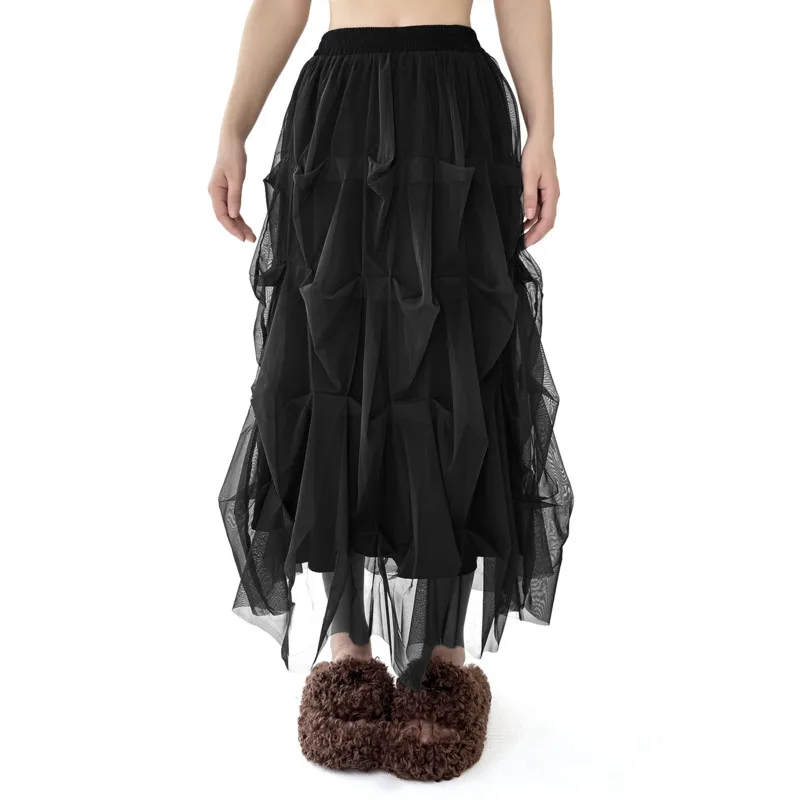 HKSH Women Chic Set Gothic Niche Lantern Sleeves Sheer Mesh Folds Shirt Multi-layer Pleated Tide Skirt New Spring Summer HK20556
