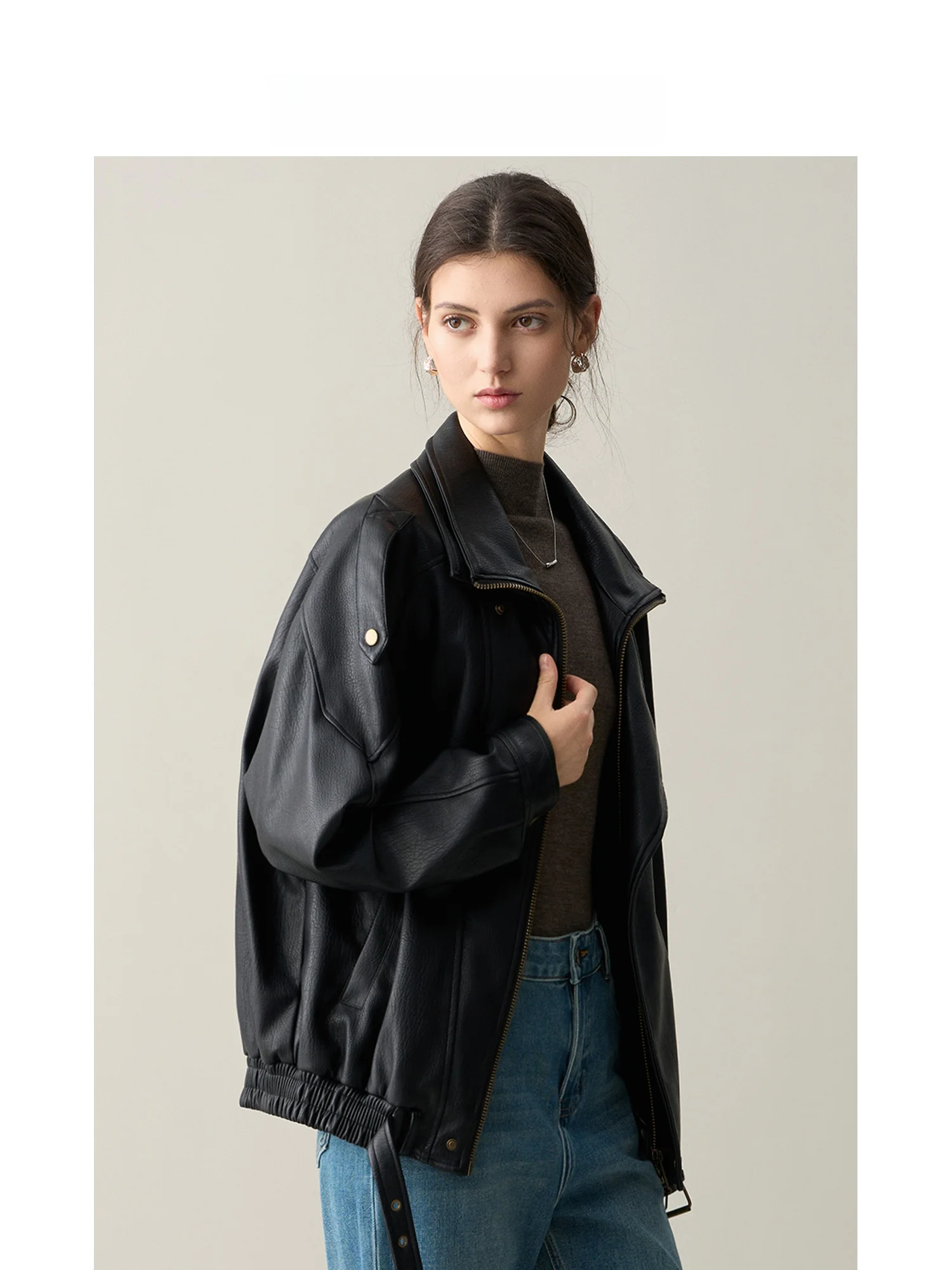 Ruiqia Jieji Modische Umweltfreundliche Lederjacke mit Doppelkragen und Schrägknopfverschluss, Farbige Retro-Arbeitsjacke für Damen