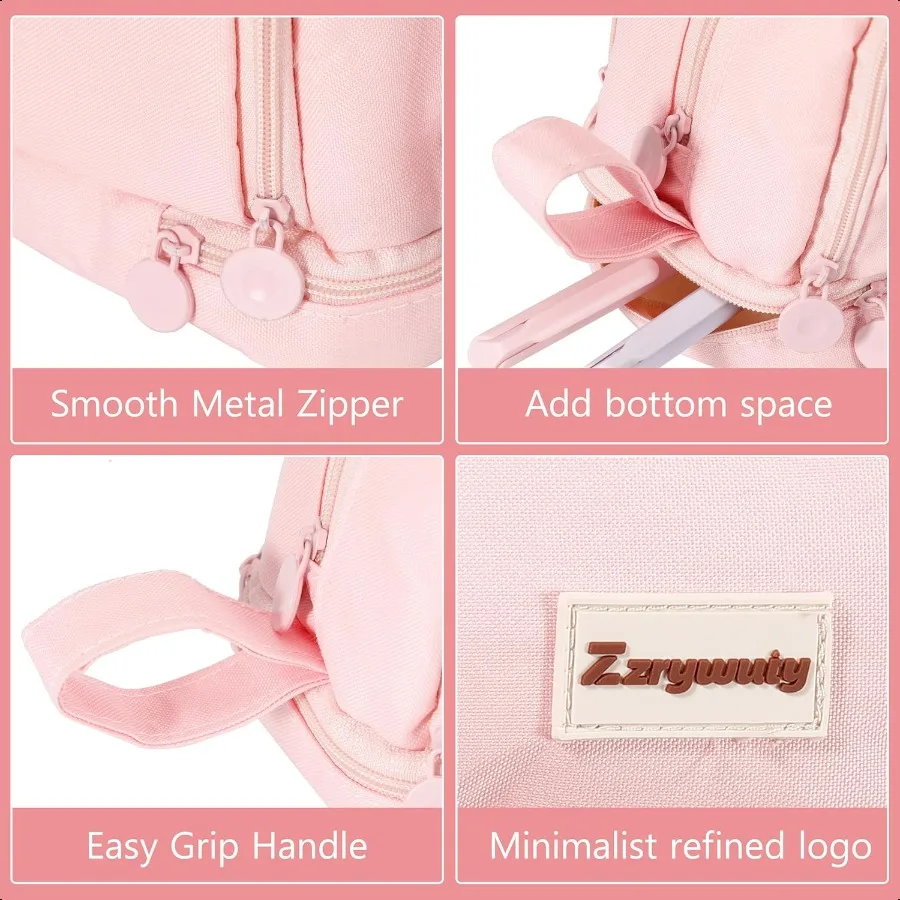 ピンクの大容量ペンケース、4つのコンパートメント付き、ジッパーと持ち手付き、ティーンや大人向けの美的ペンバッグ