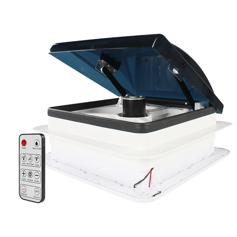 فتحة سقف RV 14 بوصة 340 مم 12 فولت RV مع ضوء صمام ثنائي باعث للضوء وجهاز تحكم عن بعد مروحة سقف للتخييم 6 سرعات