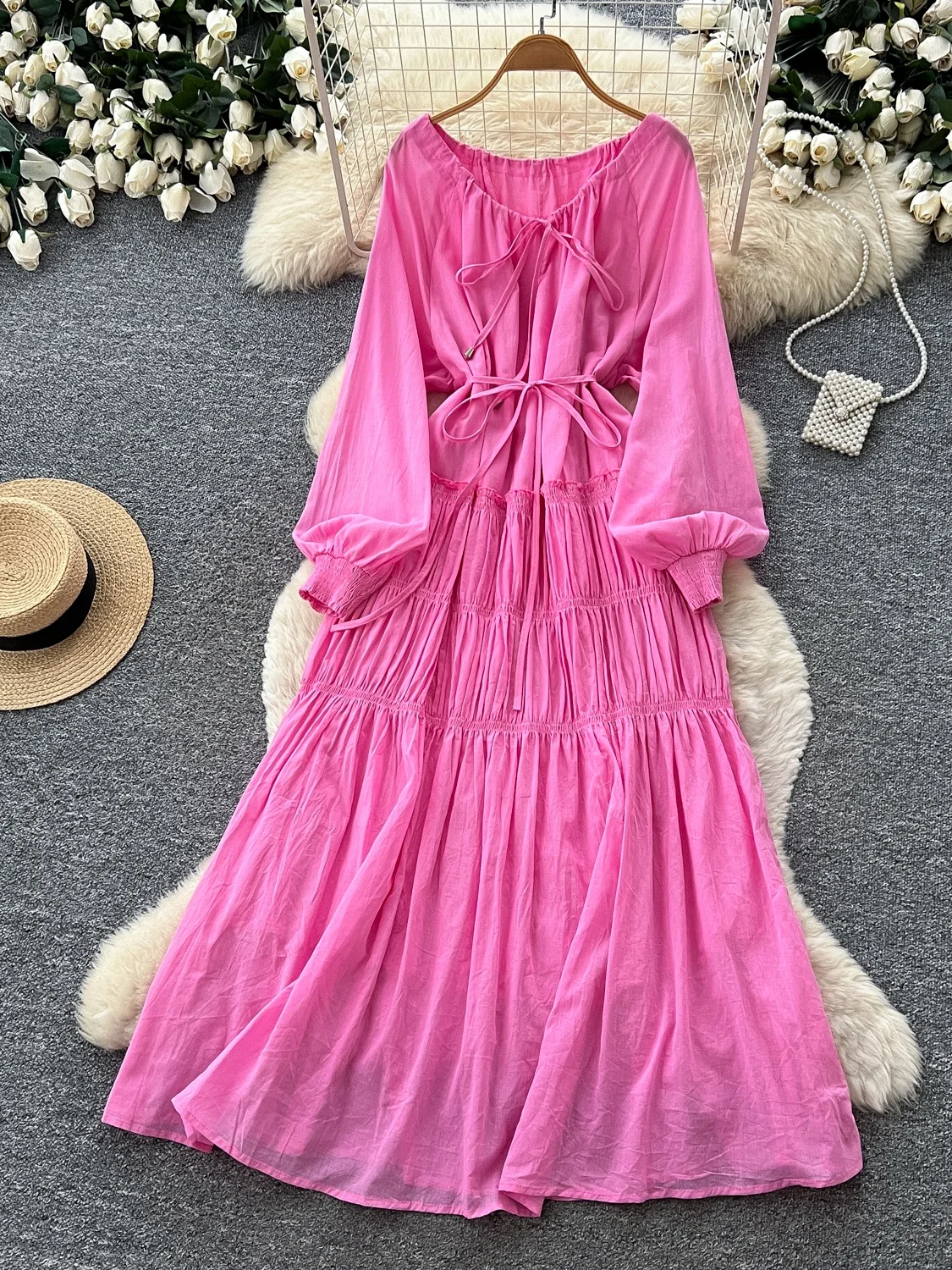 Elegant Pink Long Sleeve Dress Women's High Waist Slimming Gored Skirt Korean Style Commute Autumn Fashion A-Line Dress