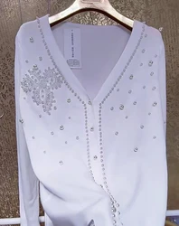 Luxury Hundreds Pearls Beads Stitch White Knitted Cardigan Coat Women's Spring Autumn Knitwear Long Sleeve Casual Sweater Top