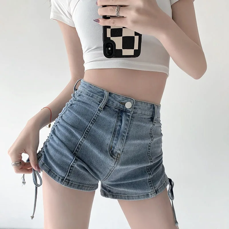 

Jeans Straight Shorts Women Drawstring Denim Short Pants Vintage Washed Distressed High Waist Streetwear Denims Summer 2026