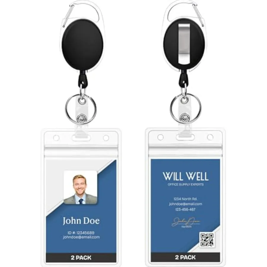 

ID Badge Holders with Clip and Keyring - Vertical Clear Plastic 2.52" x 3.58" Sleeves Fit Up to 3 Cards - Retractable 24" UHMWP