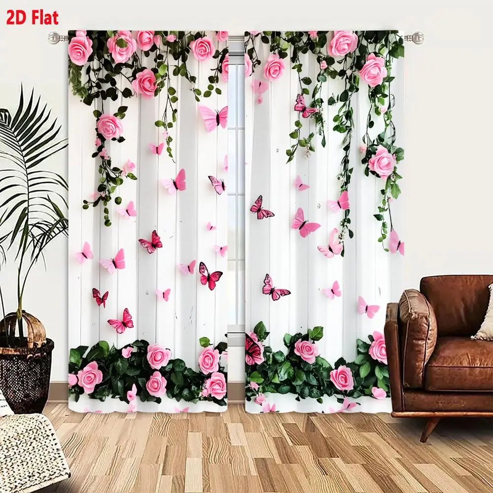 2Pcs Curtains Add 2D Flat Decorative Wall Arrangement With Pink Roses Green Ivy And Patterned Paper Butterflies Window Drapes fo