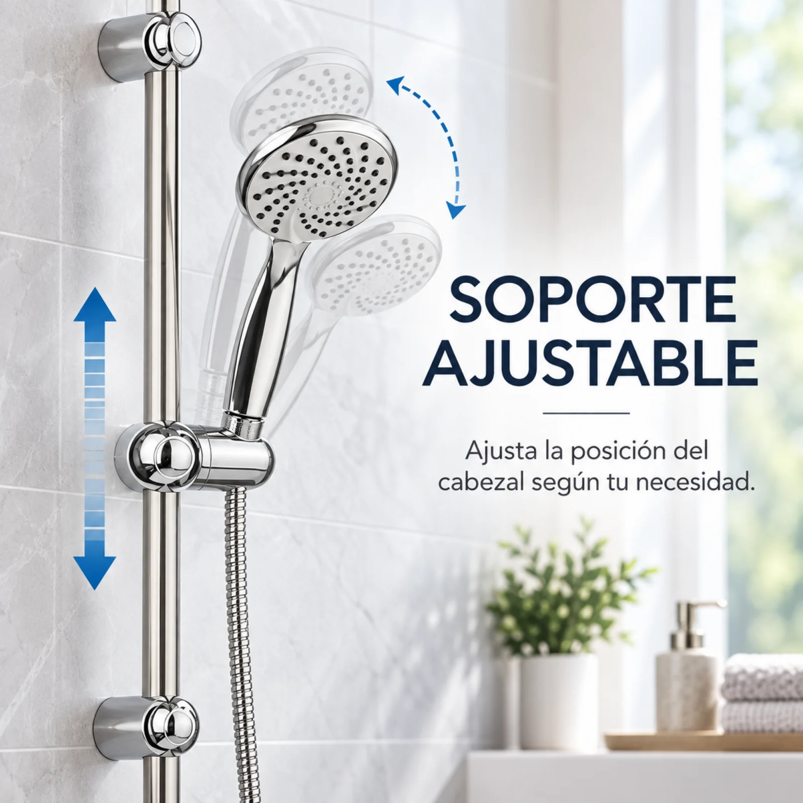 Ensemble de douche avec barre coulissante en acier inoxydable et ABS chromé, pommeau de douche à main avec tuyau de 2 mètres et support réglable en hauteur pour salle de bain moderne, dimensions 6,5x15x61cm