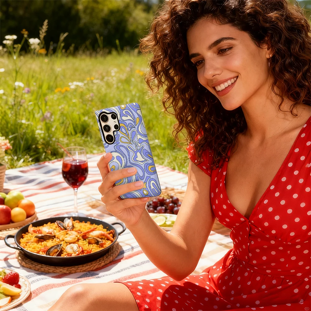 Custodia per telefono Swirly blu e oro per Samsung Galaxy S25 Ultra S24 S23 Ultra Plus Cover posteriore antiurto a doppio strato