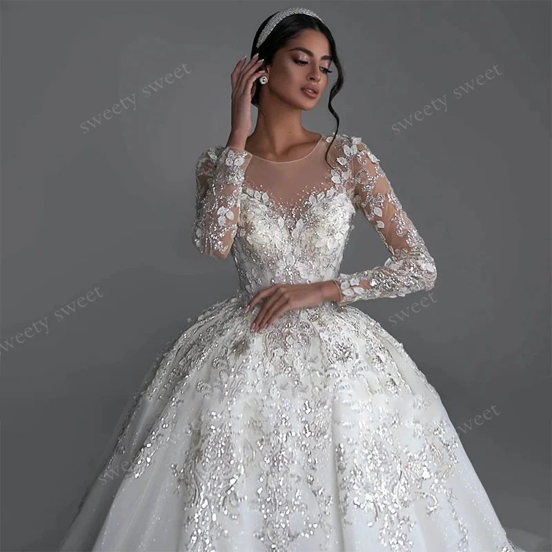 Luxury Wedding Dress Bead Organza With Embroidery Princess Ball Gown Full Sleeve O-Neck Customized Bride Button Vestido De Novia