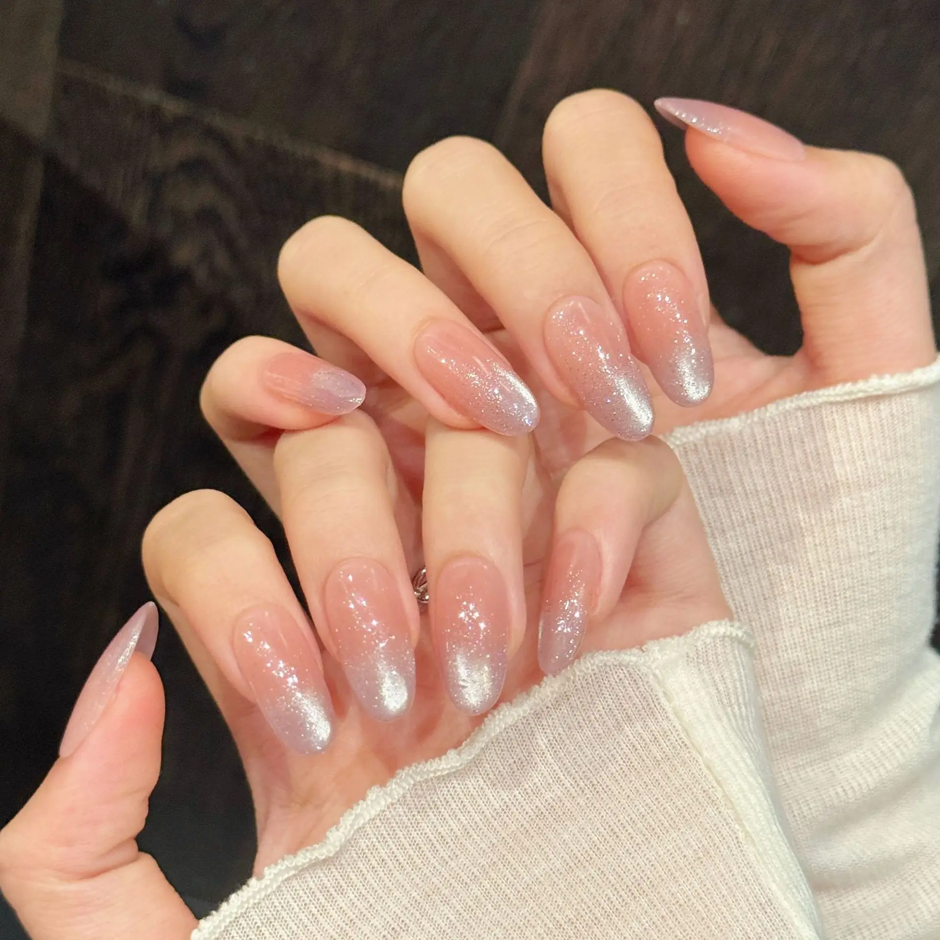 

10pcs Handmade Medium Oval Press on Nails Nude Shiny Cat Eyes French Design Sweet Cute False Nails Wearable Nails Art Tips Girls