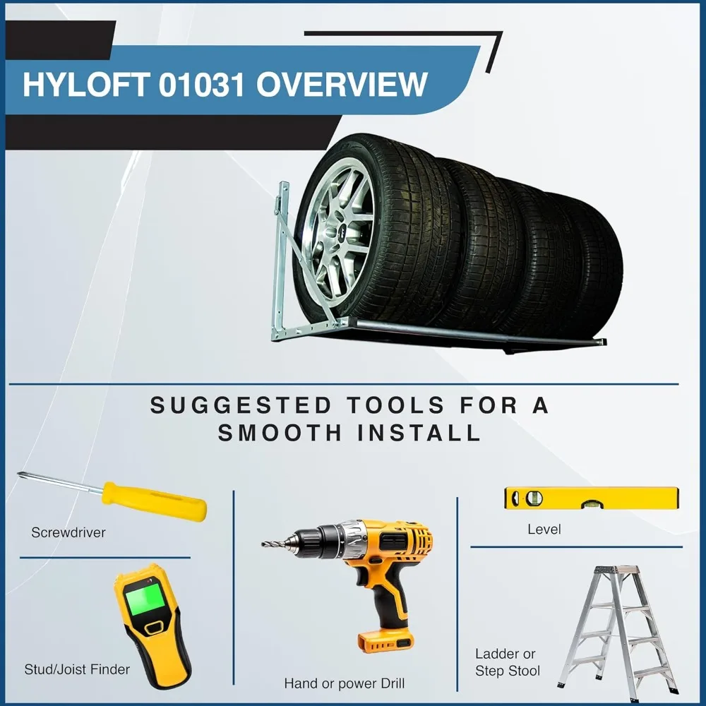 Rack de armazenamento de pneus dobrável de parede, ajustável 32-48 polegadas, suporta 300 libras, design prateado que economiza espaço