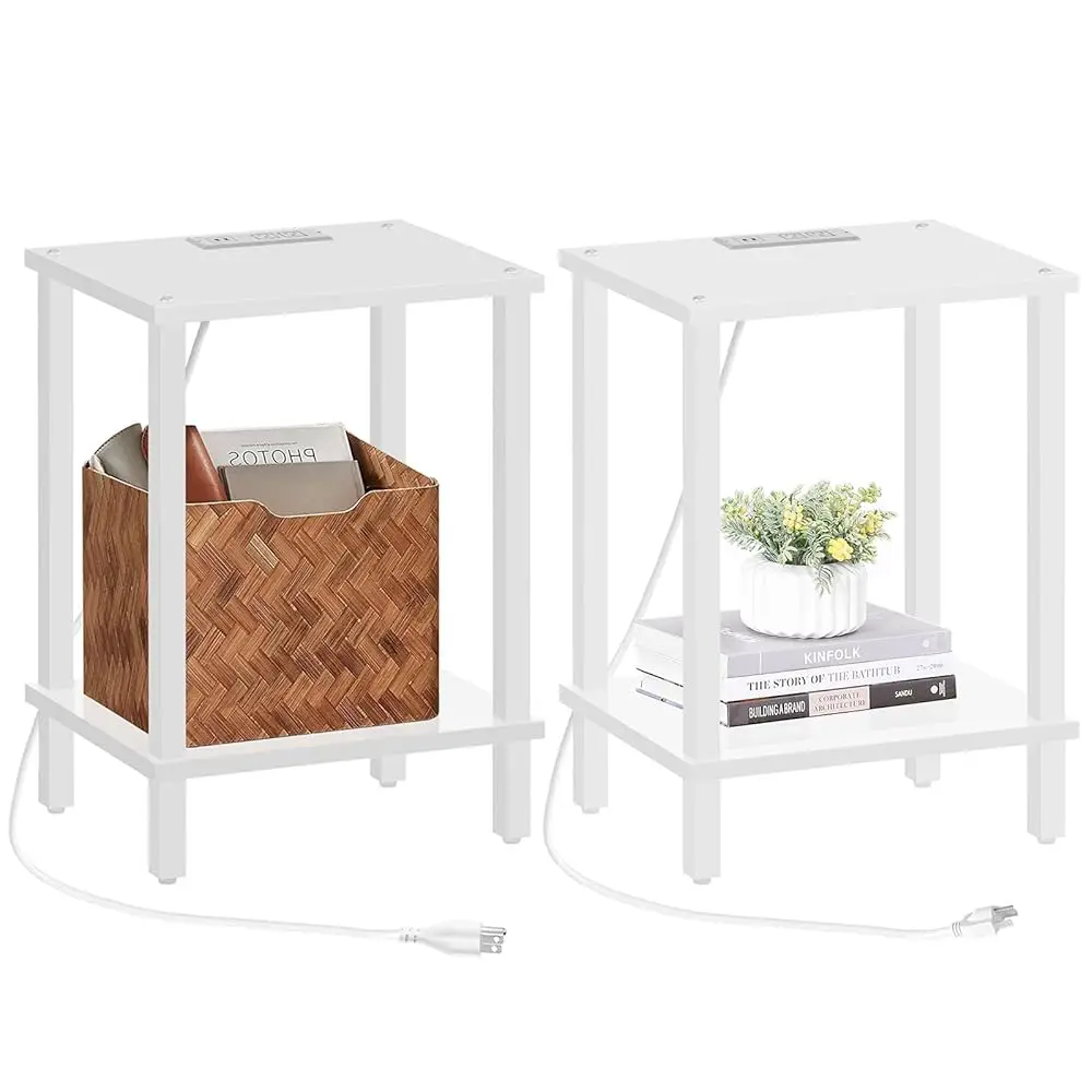 

End Table With Charging Station, Set Of 2, Small Couch Side Table With Outlets, Nightstand Bedside Table, 2-Tier Storage Shelf
