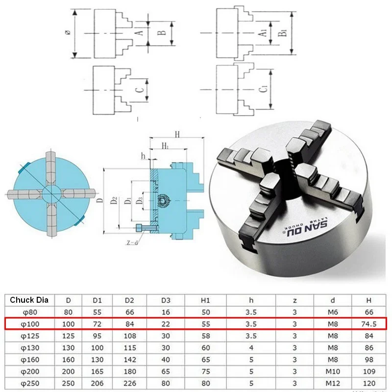 SANOU-K12-100 de mandrin de tour 100mm 4 en effet, pièces de tour à 4 mâchoires, métal à centrage automatique trempé pour mandrin CNC 1 jeu de travail de calcul de fraisage