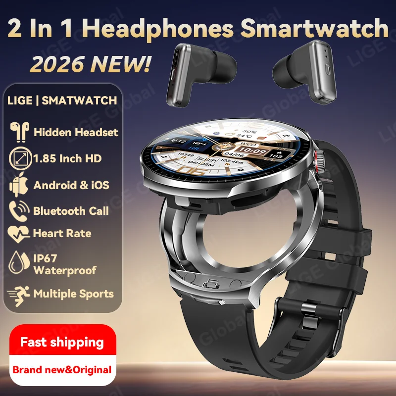LIGE 2 In 1 TWS Earphone Smartwatch Headset Smart Watches Bluetooth Headphones 1.85