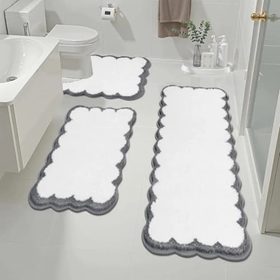 

Набор ковриков для ванной из 3 предметов: нескользящий моющийся коврик с фигурным краем и U-образный коврик для унитаза, особо впитывающий, быстросохнущий, мягкий плюшевый.