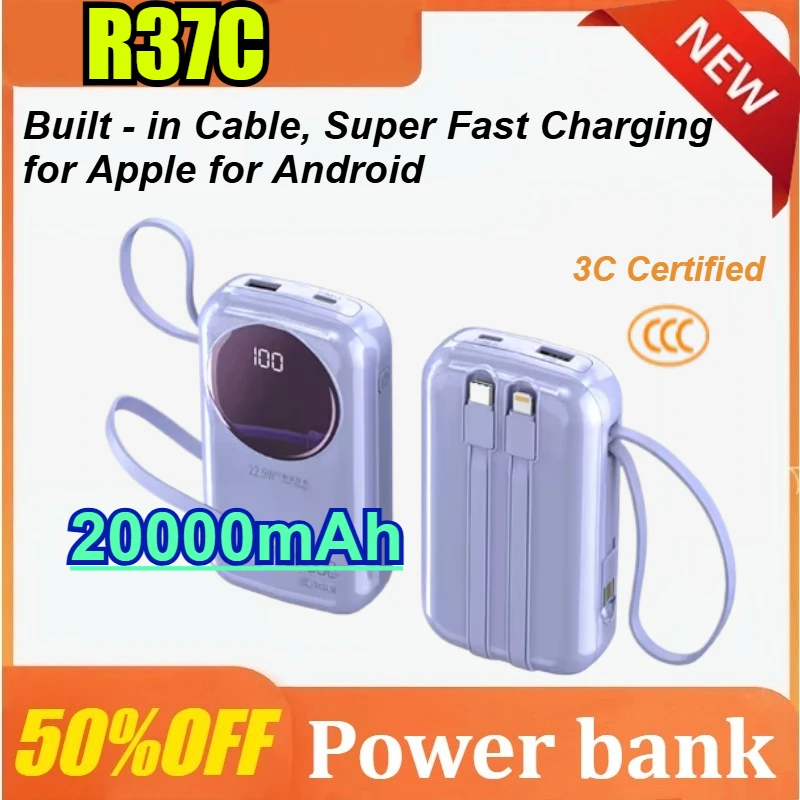 

20000mAh Mini Power Bank 66W PD35W Fast Charging Built-in Cable for iPhone for Samsung Airplane Safe CCC Certified