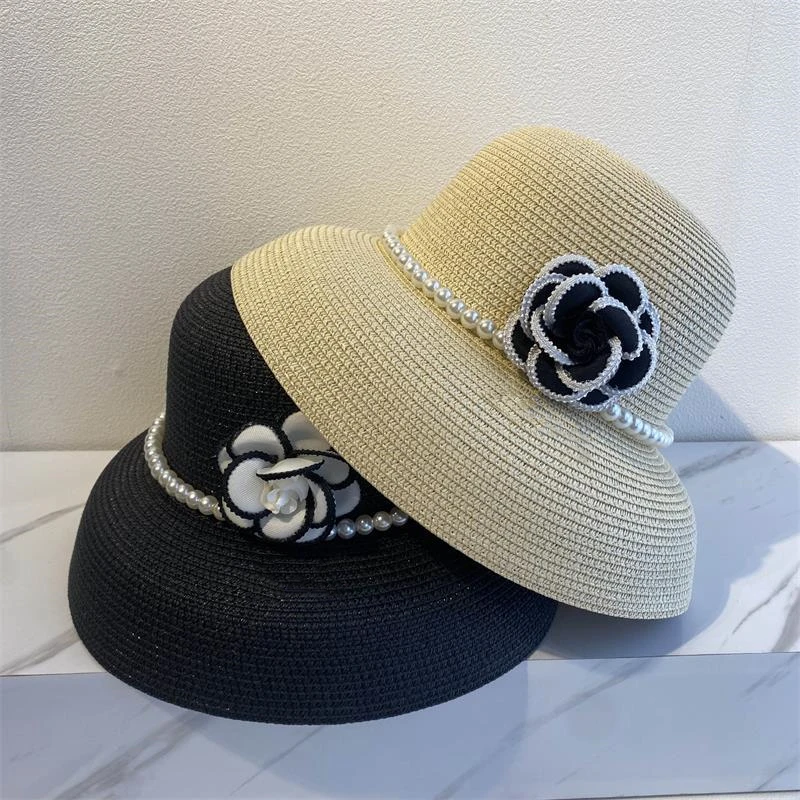 Hepburn style flower pearl bell-shaped straw hat elegant girl summer outing sun protection hat French retro bucket hat female