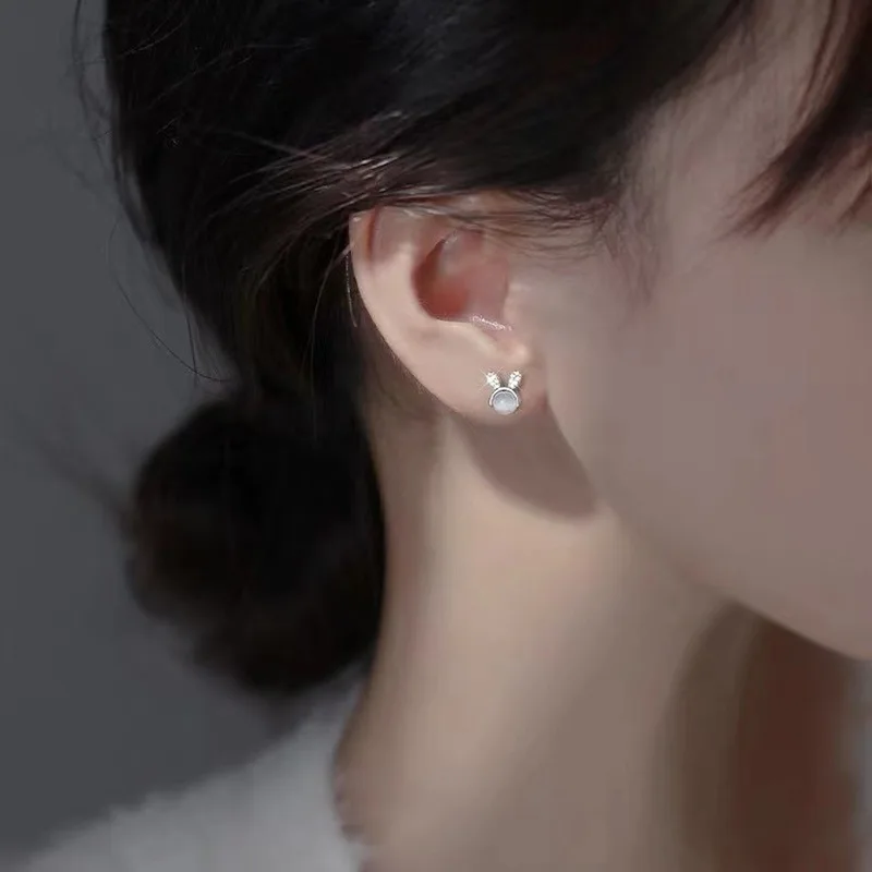 cute bunny cat eye stone diamond accents s925 pure silver needle earrings small exquisite stylish elegant sweet delicate style p