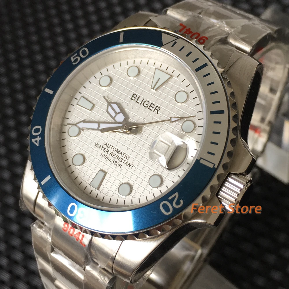 

40mm BLIGER NH35A White Dial Luxury 10ATM Waterproof Men's Automatic Watch Silver Jubilee Oyster bracelet Titanium ceramic bezel