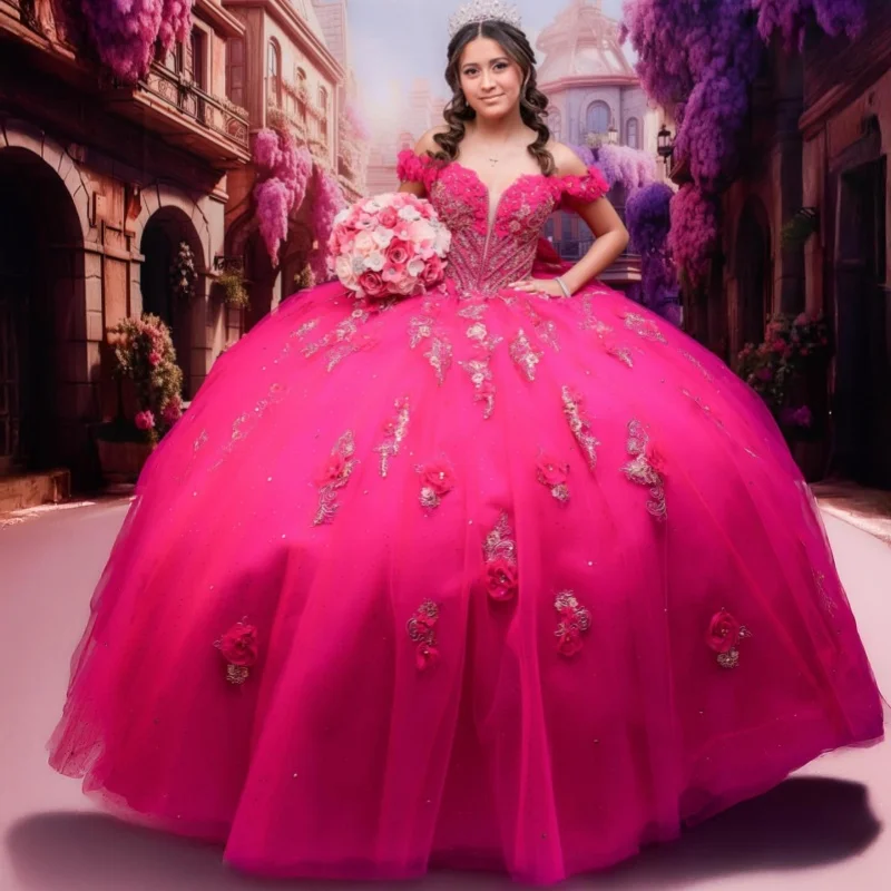 

Shiny Rose Pink Quinceanera Dresses Off the Shoulder Glitter Decal 3D Flower Long tail Bow Vestidoe 15 Quinceanera Customize