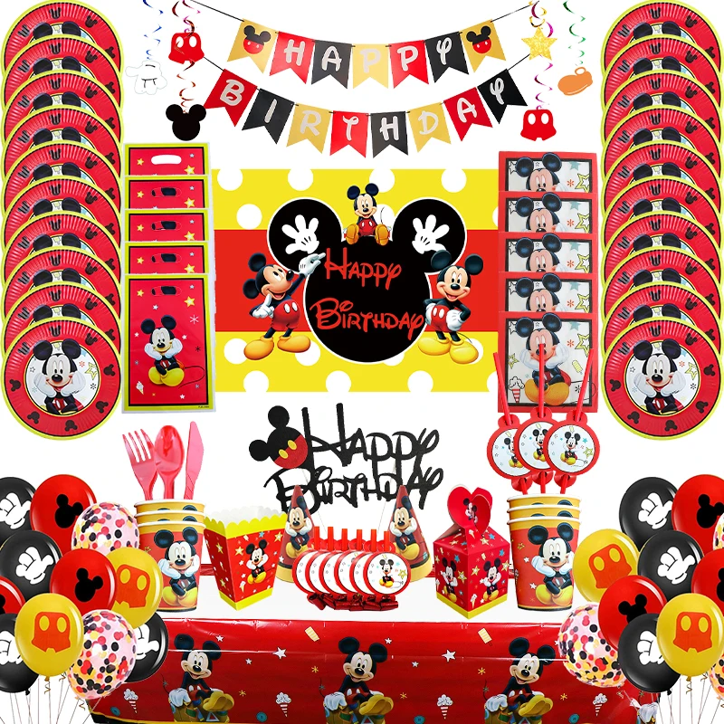 Disney Mickey Mouse Birthday Decoration Cartoon Mickey And Minnie Theme Tableware Cups Plates Balloons Party Supplies For Kids