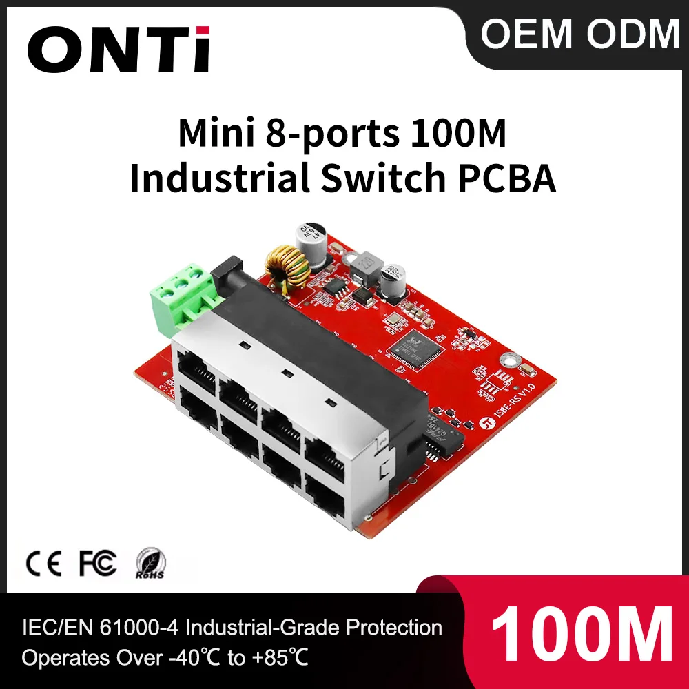 ONTi 8-Port 100Mbps Unmanaged Industrial Switch PCBA | Compact & Highly Integrated for Cabinets, Energy & Power, OEM & ODM
