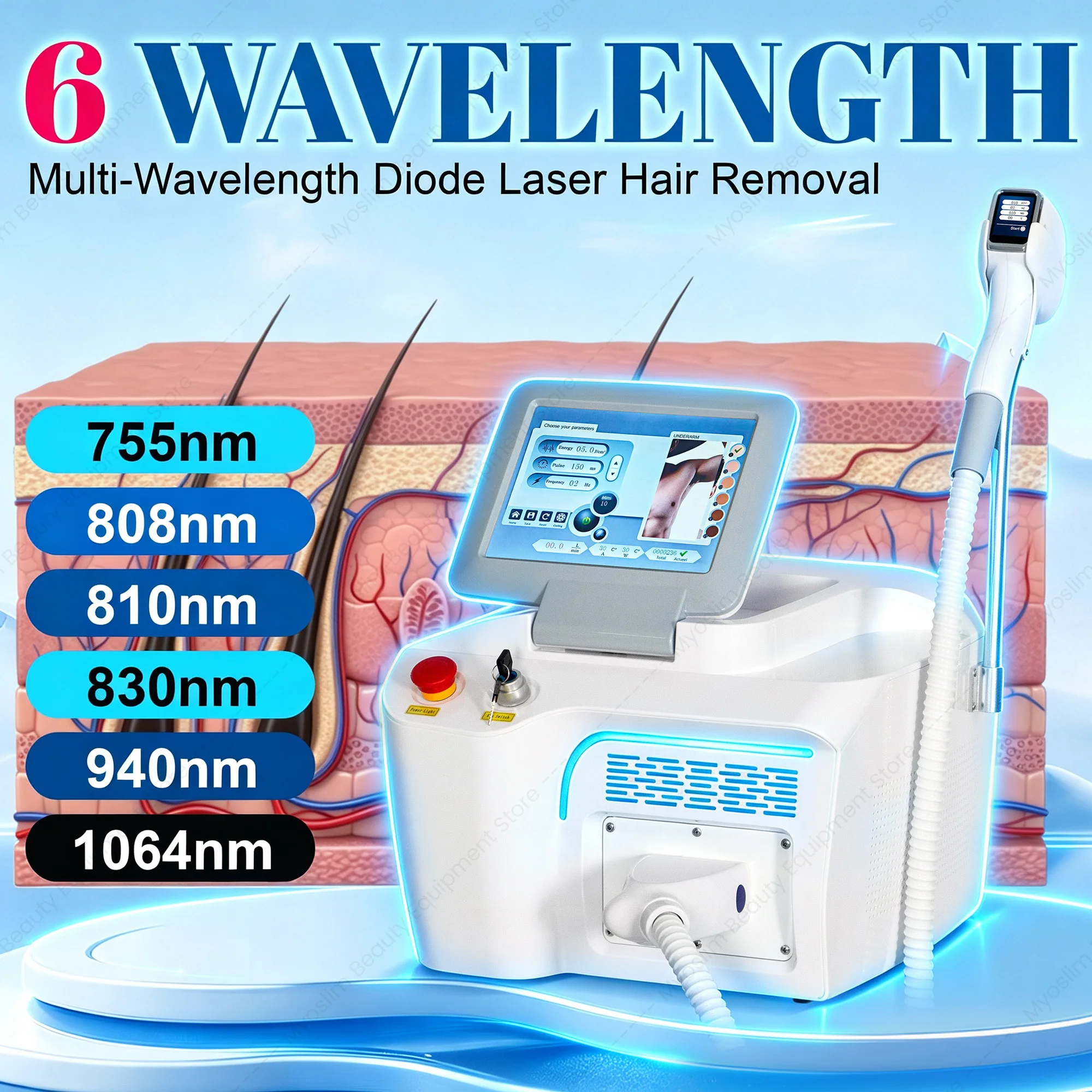 Portable FAC 10Bars 755 808 810 830 940 1064nm Diode Laser Hair Removal Machine Ice Cooling 60M Shots 3Tips Salon Epilator