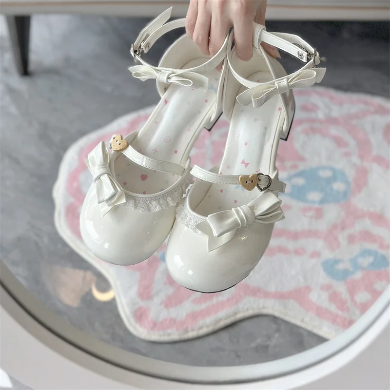 

Cosplay Lolita Sweetheart Cream Girl Loli Sandals Mid Heel Round Toe Lace Women's Shoes Japanese Student Kawaii Single Shoes