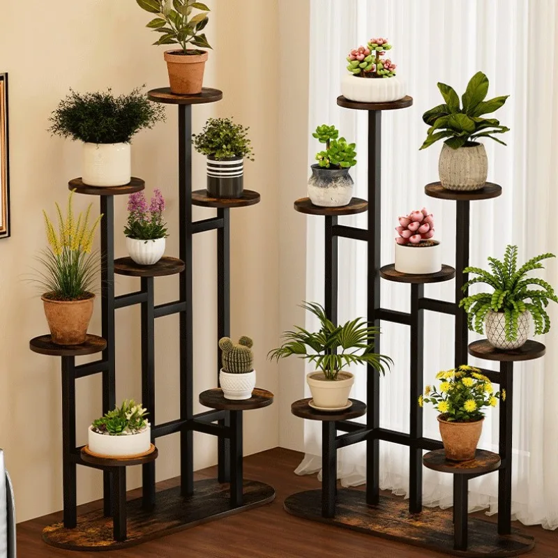 New retro wind steel wood plant rack, courtyard multi-layer flower rack, balcony flower pot rack, wrought iron flower rack